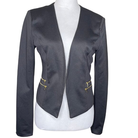 Shinestar Black Cropped Moto Blazer Gold Zipper Accent Open Front Size Large - Picture 1 of 8